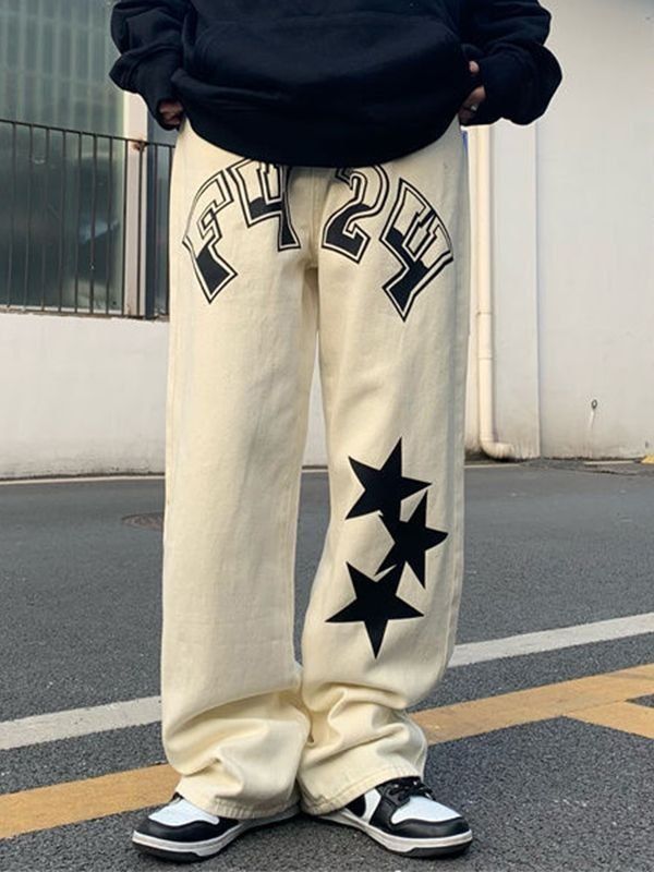 Men’s White Streetwear Pants with Black Star Print