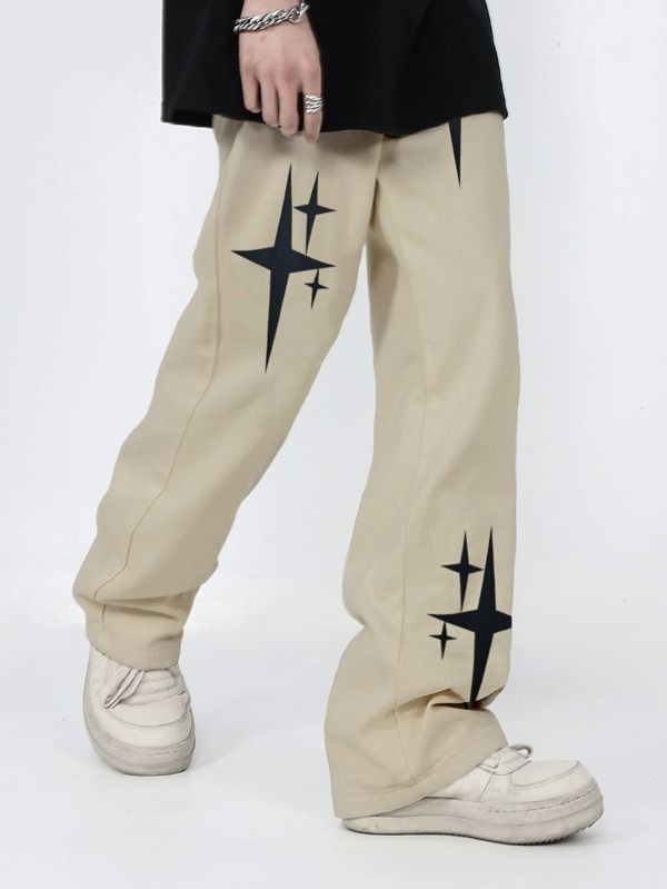 Men’s White Streetwear Pants with Black Star Print