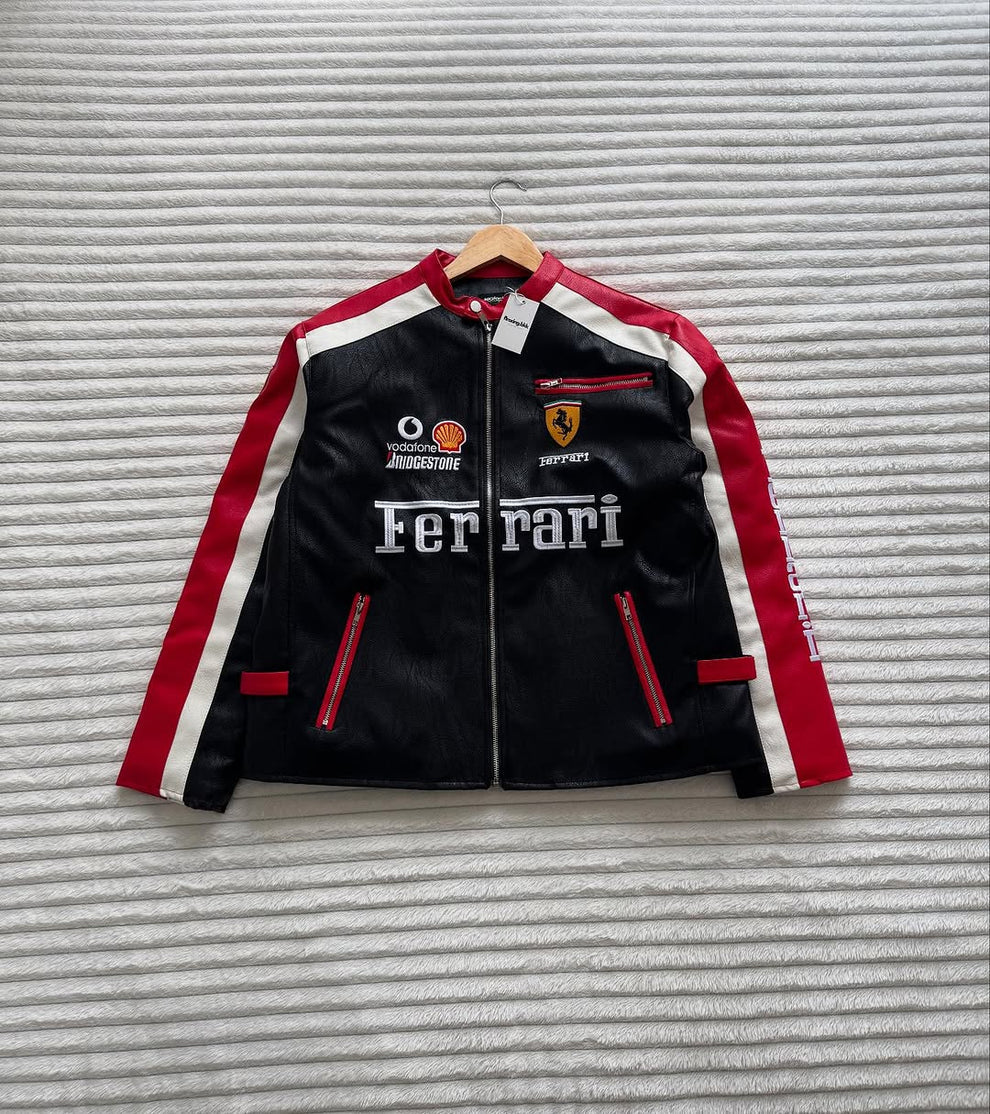 Ferrari Racing Team Black & Red Leather Jacket