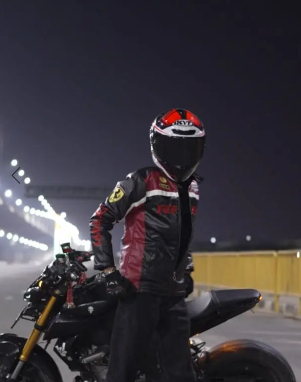 Ferrari Racing Team Leather Jacket – Black & Red Moto Style