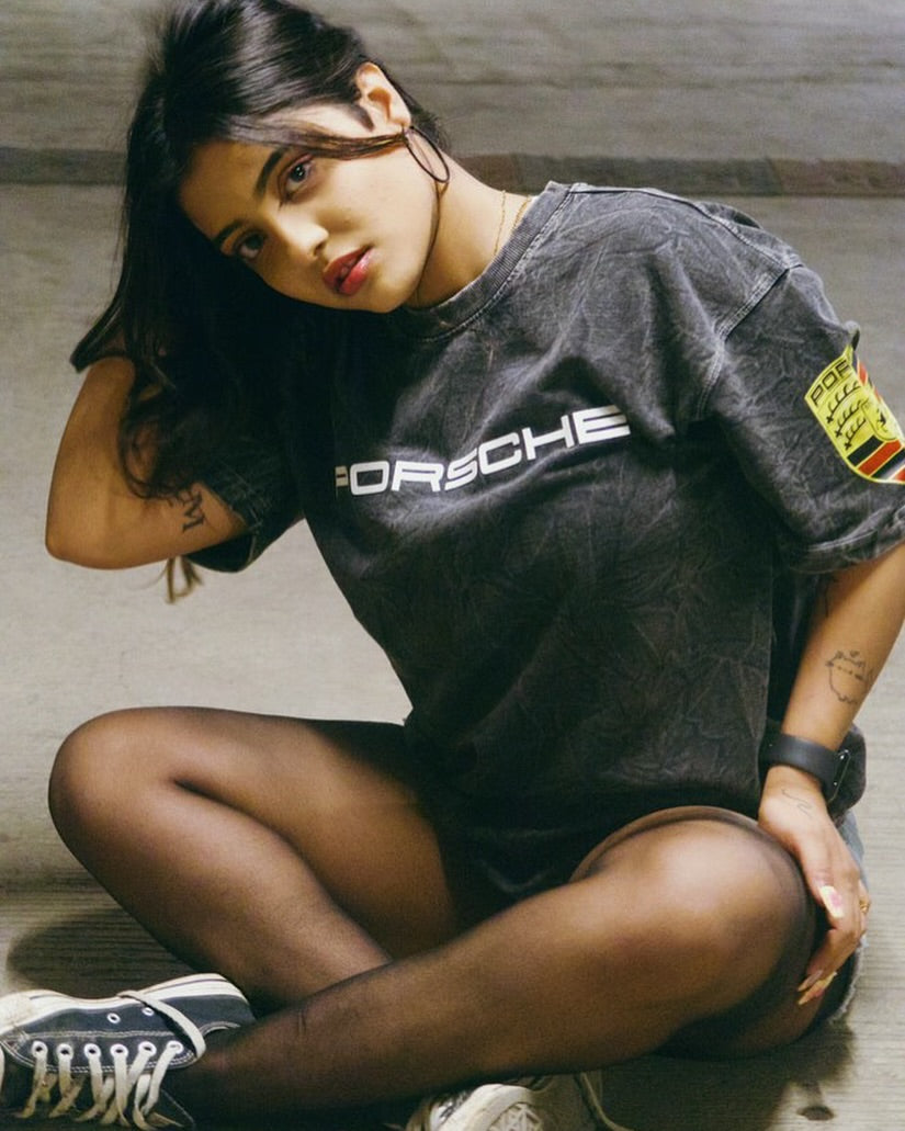 Casual Porsche Graphic Tee with Distressed Denim Shorts – Street Style Look