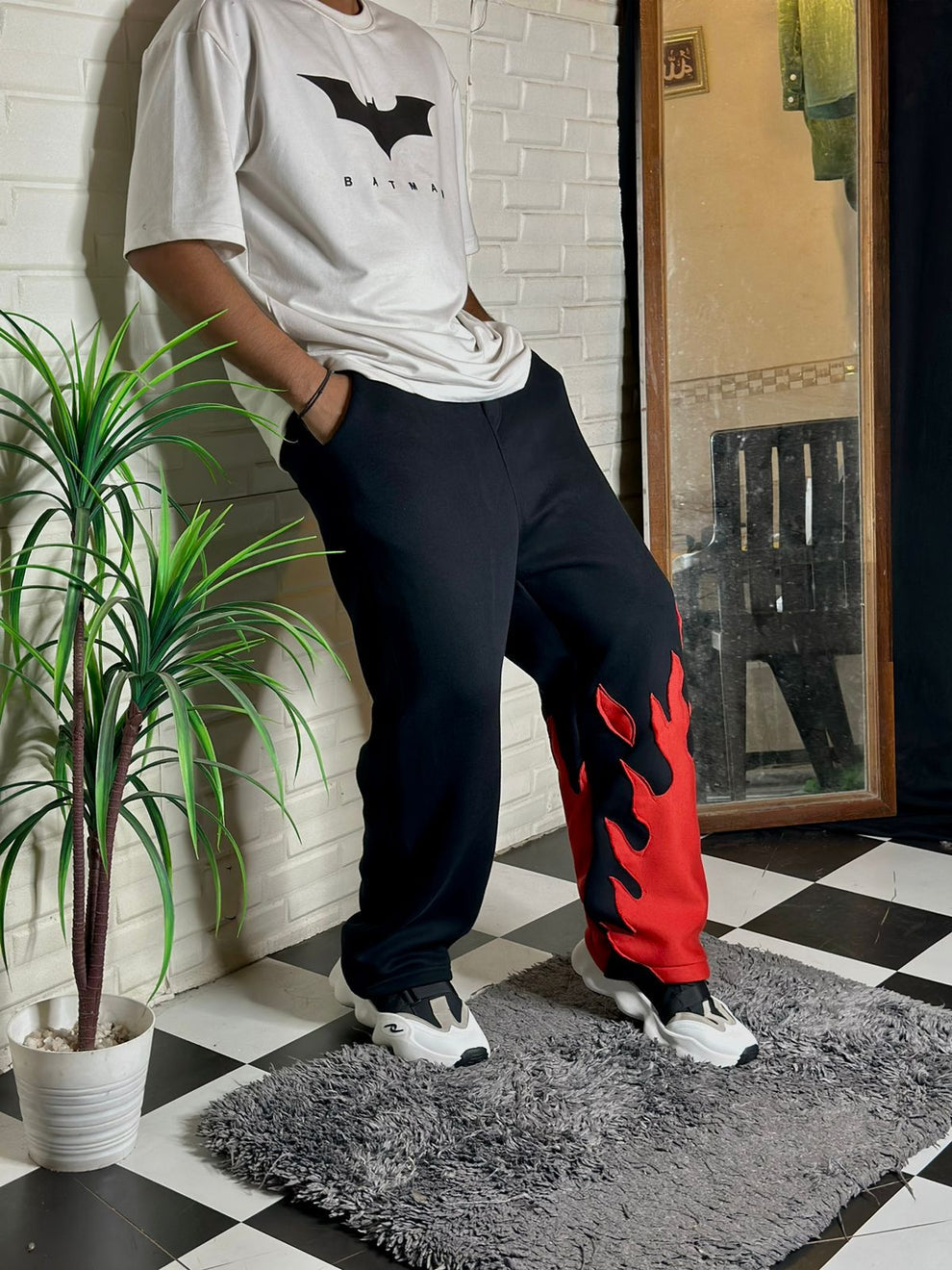 Black Flame Print Track Pants