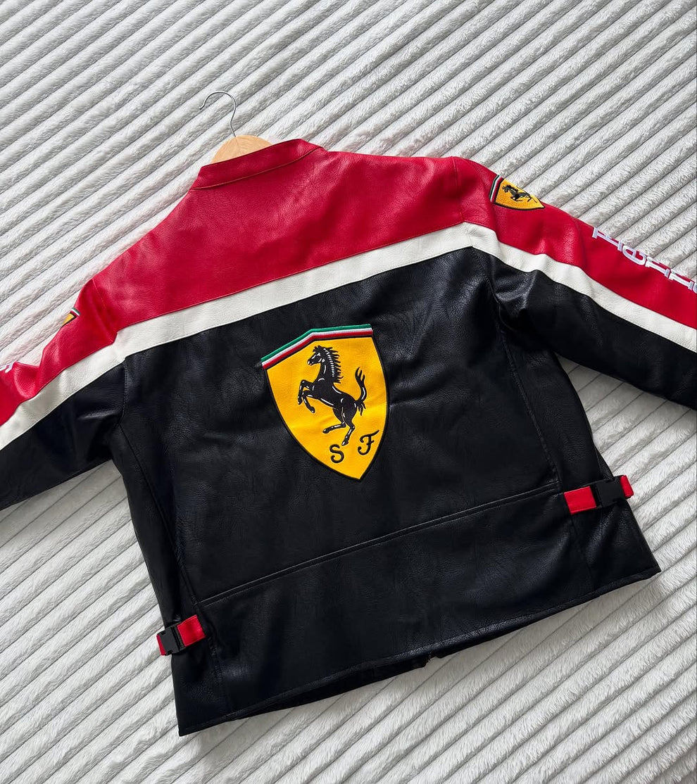 Ferrari Racing Team Black & Red Leather Jacket