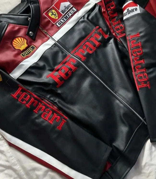 Ferrari Racing Team Leather Jacket – Black & Red Moto Style