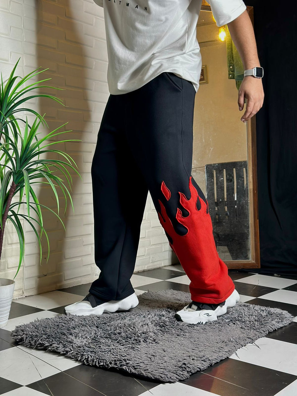 Black Flame Print Track Pants