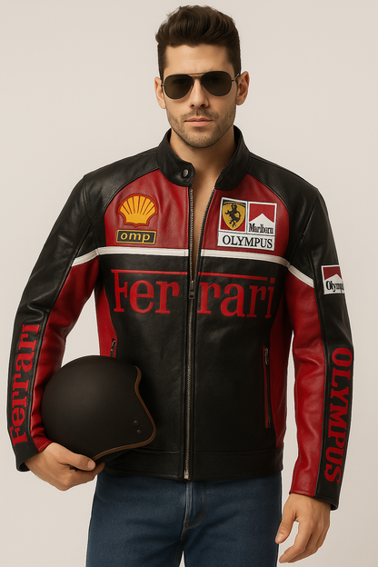 Ferrari Black & Red Racing Leather Jacket – Classic Scuderia Motorsport Edition