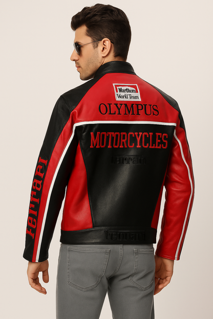 Ferrari Black & Red Racing Leather Jacket – Classic Scuderia Motorsport Edition