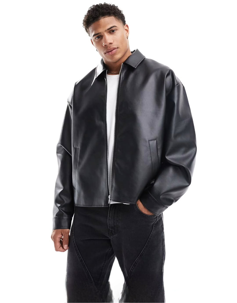 Classic Black Faux Leather Oversized Jacket – Minimal Streetwear Edition