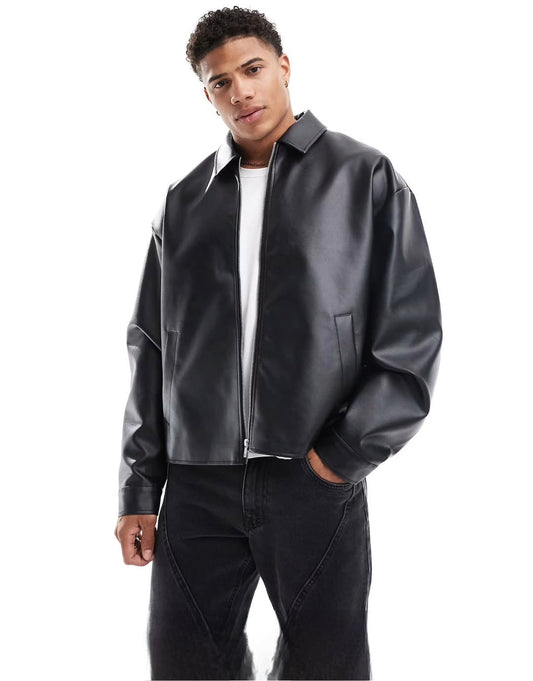 Classic Black Faux Leather Oversized Jacket – Minimal Streetwear Edition