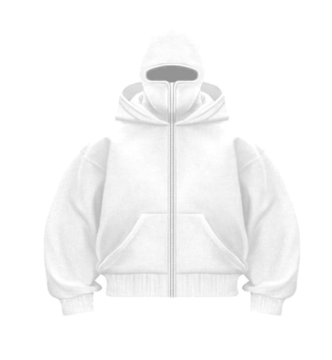 White Ninja Full-Zip Hoodie with Built-In Face Cover