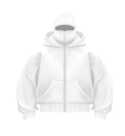 White Ninja Full-Zip Hoodie with Built-In Face Cover