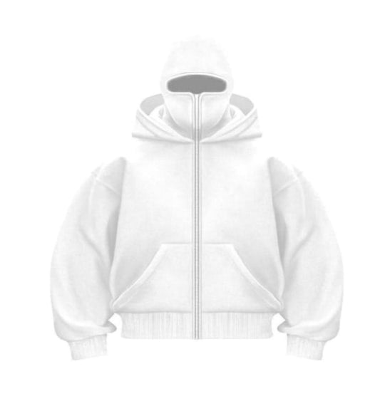 White Ninja Full-Zip Hoodie with Built-In Face Cover