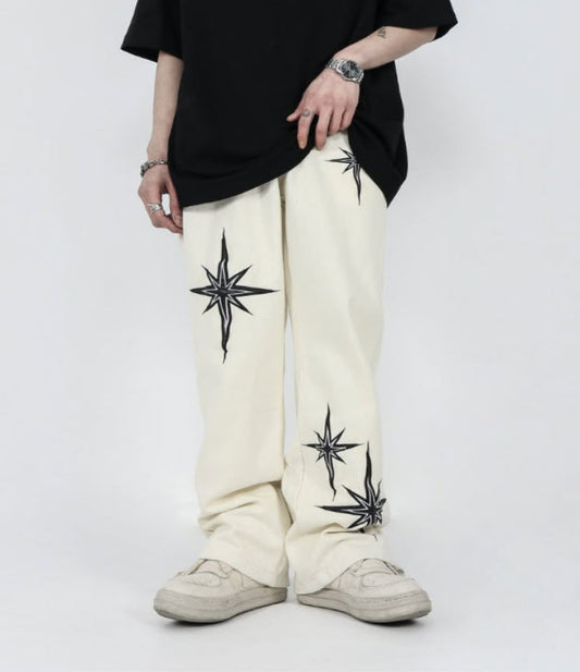 Men’s White Streetwear Pants with Black Star Print