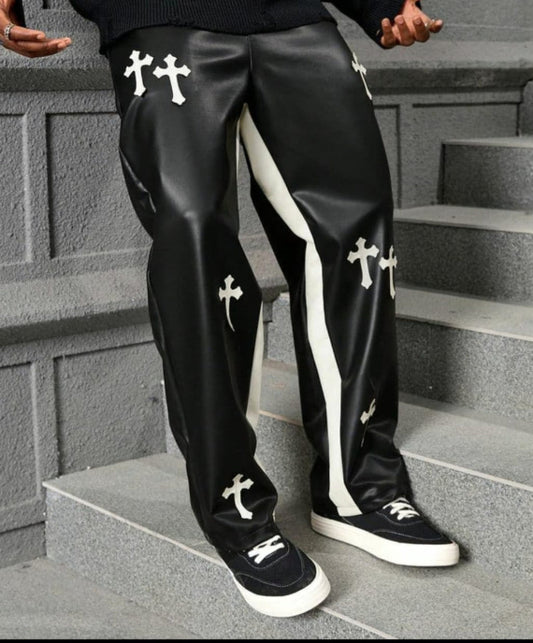 Gothic Street Cross Patch Leather Pants -Bold Black and Unapologetic