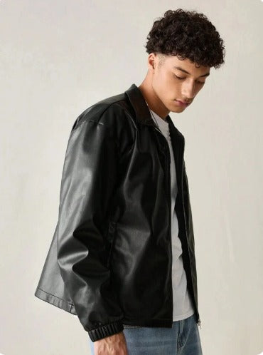 Black Faux Leather Zip-Up Jacket