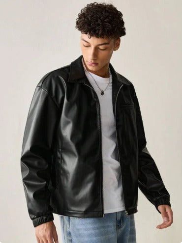 Black Faux Leather Zip-Up Jacket