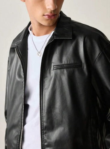 Black Faux Leather Zip-Up Jacket