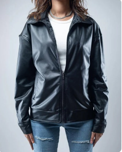 Women's Black Faux Leather Zip-Up Jacket