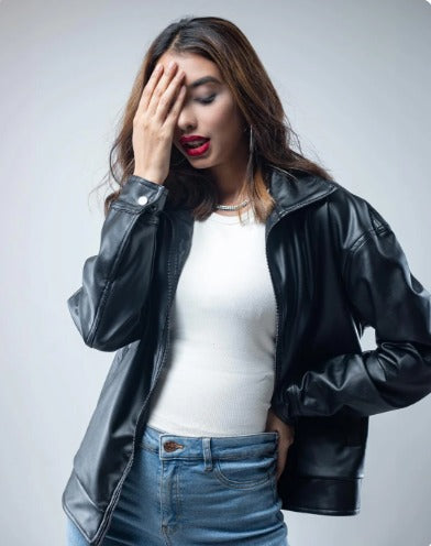 Women's Black Faux Leather Zip-Up Jacket