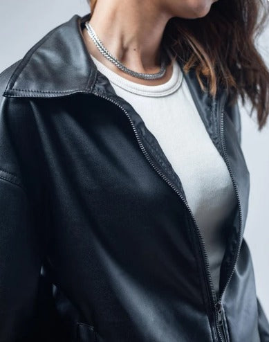 Women's Black Faux Leather Zip-Up Jacket