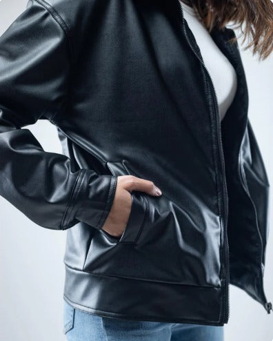 Women's Black Faux Leather Zip-Up Jacket
