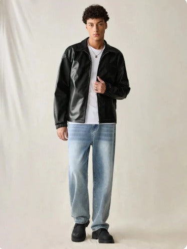 Black Faux Leather Zip-Up Jacket