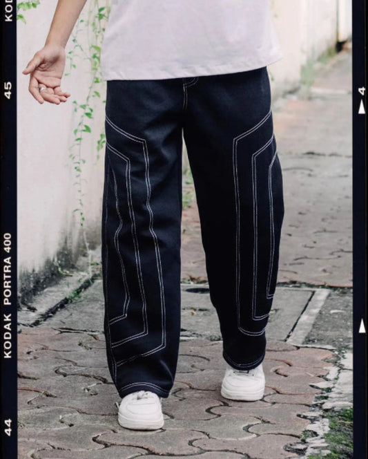 Men’s Black Wide-Leg Pants with Contrast Stitching