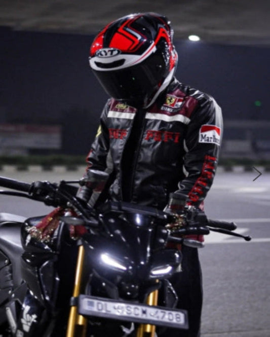 Ferrari Racing Team Leather Jacket – Black & Red Moto Style