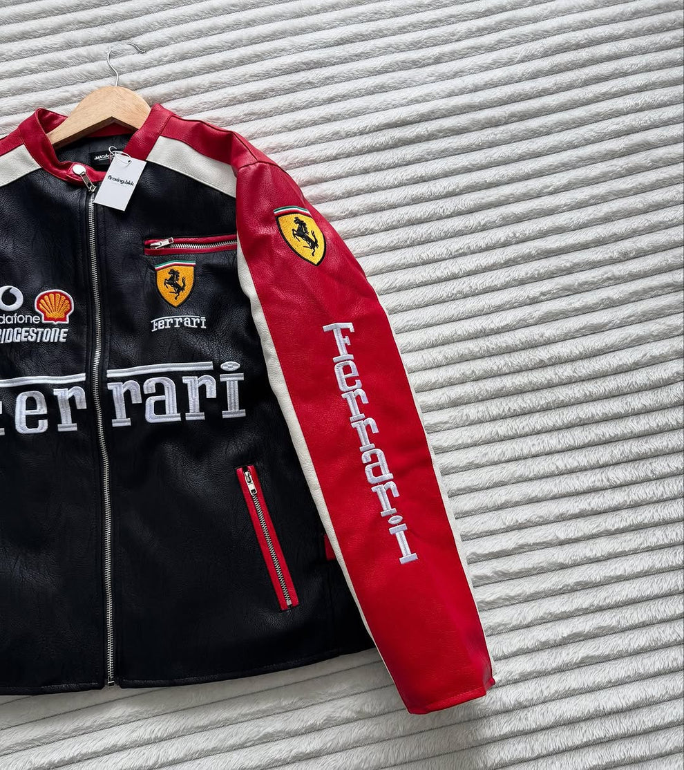 Ferrari Racing Team Black & Red Leather Jacket