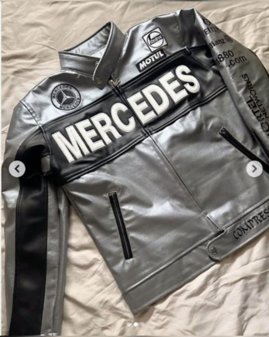 Mercedes Benz Racing-Inspired Silver Leather Jacket