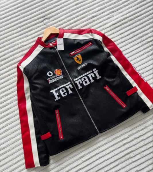 Ferrari Racing Team Black & Red Leather Jacket
