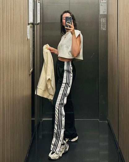 Black Side-Stripe Snap Track Pants
