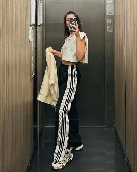 Black Side-Stripe Snap Track Pants