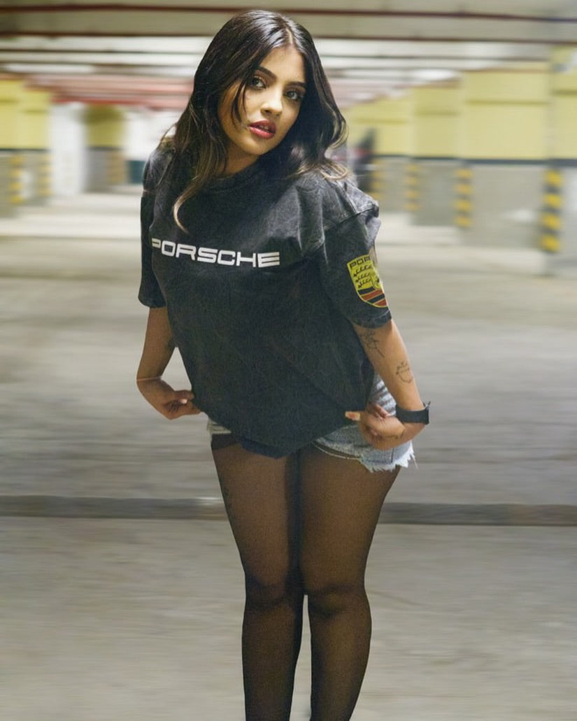 Casual Porsche Graphic Tee with Distressed Denim Shorts – Street Style Look